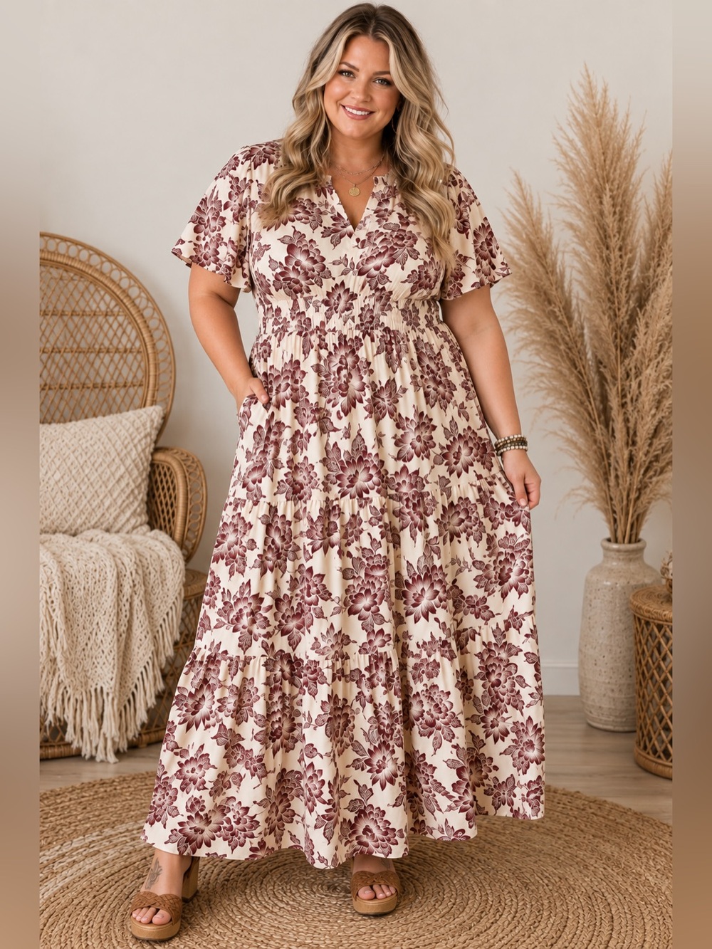 Kate & Sam XXL Floral Maxi Dress NWT Cream Burgundy 100% Cotton